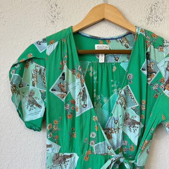 MEADOW RUE ANTHROPOLOGIE Bon Voyage Wrap Blouse Green Floral SS Boho - Picture 6 of 12